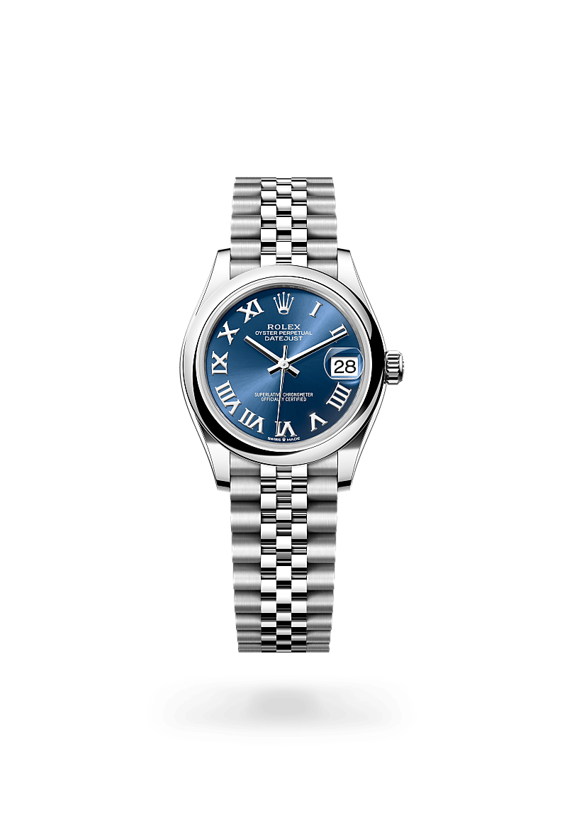 Rolex Datejust 31 in Oyster, 31 mm, Oystersteel with a Helderblauw dial, Gewelfd bezel, and Jubilee, vijfdelige schakels bracelet