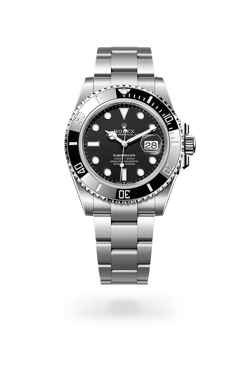 Rolex Submariner Date in Oyster, 41 mm, Oystersteel with a Zwart dial, Unidirectioneel draaibaar met 60-minutenverdeling, krasbestendige Cerachrom-ring van zwarte keramiek, cijfers en schaalverdelingen met platina coating bezel, and Oyster, massieve driedelige schakels bracelet