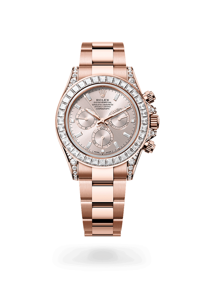Rolex Cosmograph Daytona in Oyster, 40 mm, Everose gold and diamonds with a Sundust set with diamonds dial, Set with diamonds bezel, and Oyster, three-piece solid links bracelet