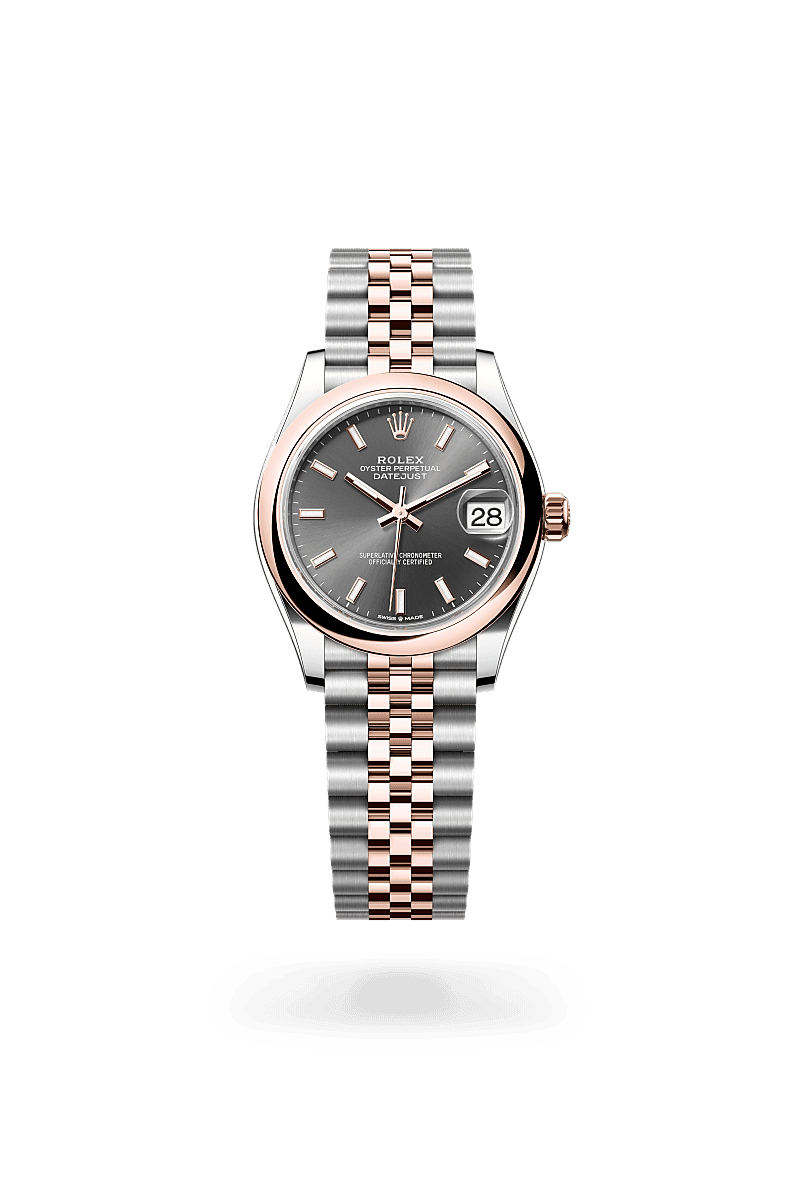 Rolex Datejust 31 in Oyster, 31 mm, Oystersteel en Everose-goud with a Leigrijs dial, Gewelfd bezel, and Jubilee, vijfdelige schakels bracelet