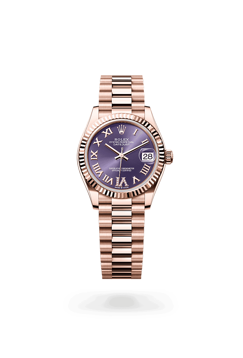 Rolex Datejust 31 in Oyster, 31 mm, Everose gold with a Aubergine set with diamonds dial, Fluted bezel, and President, semi-circular three-piece links bracelet