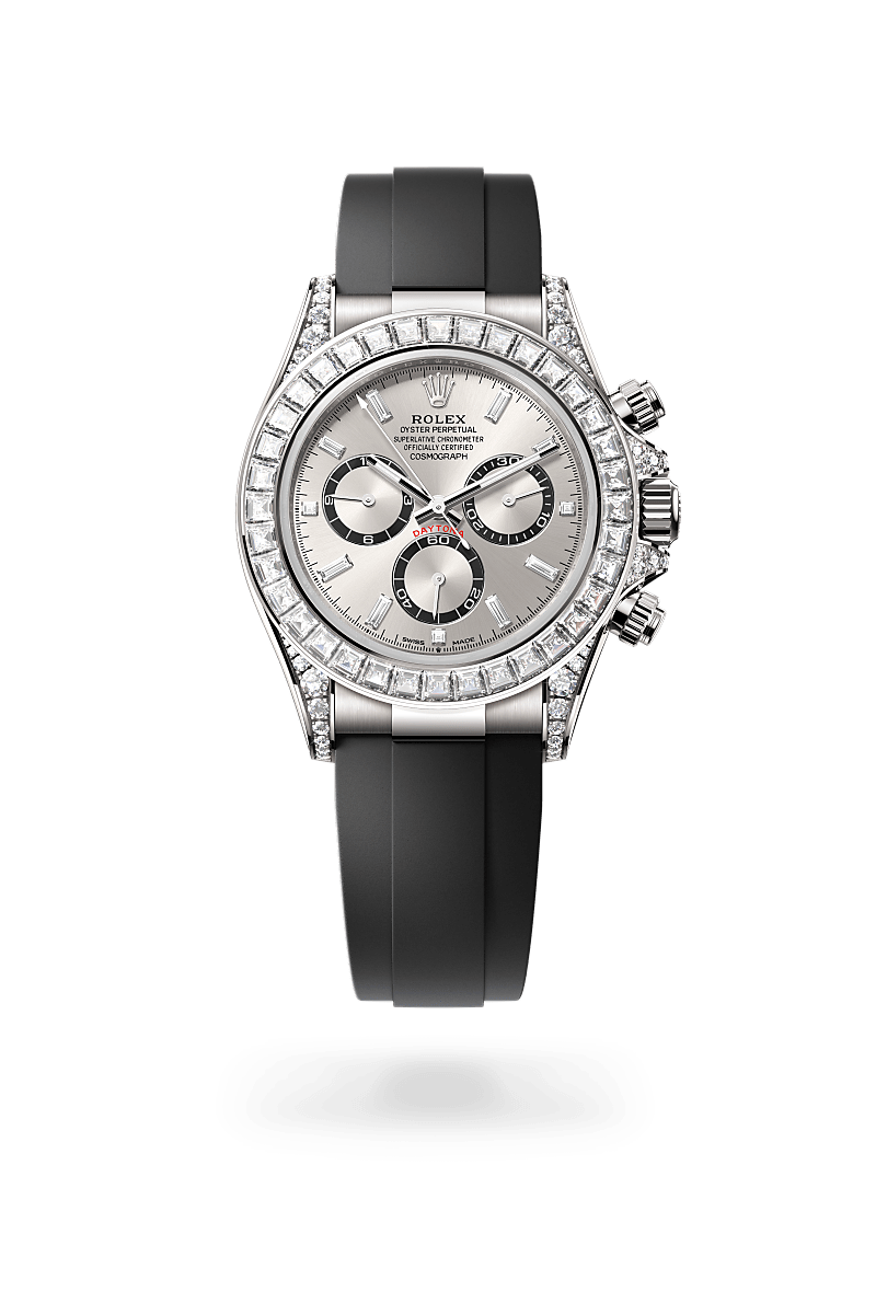 Rolex Cosmograph Daytona in Oyster, 40 mm, white gold and diamonds with a Steel, bright black counter rings set with diamonds dial, Set with diamonds bezel, and Oysterflex bracelet