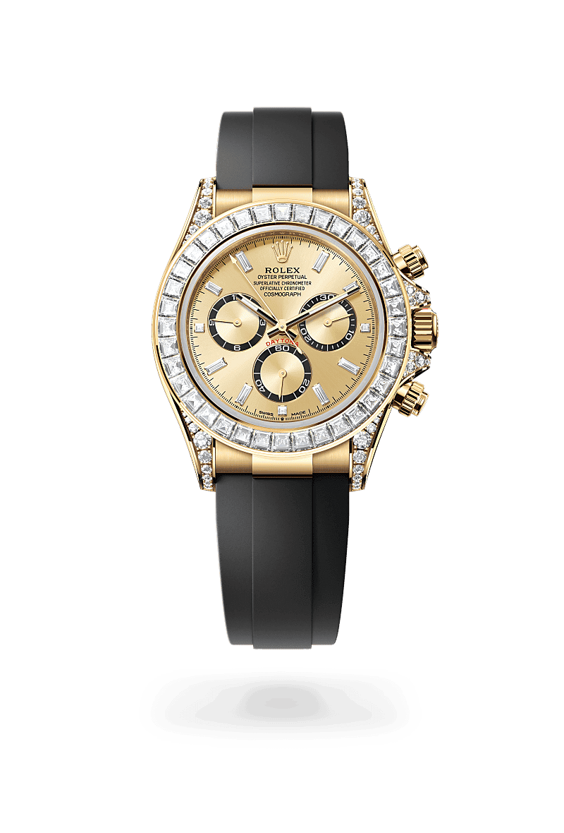 Rolex Cosmograph Daytona in Oyster, 40 mm, yellow gold and diamonds with a Golden, bright black counter rings set with diamonds dial, Set with diamonds bezel, and Oysterflex bracelet