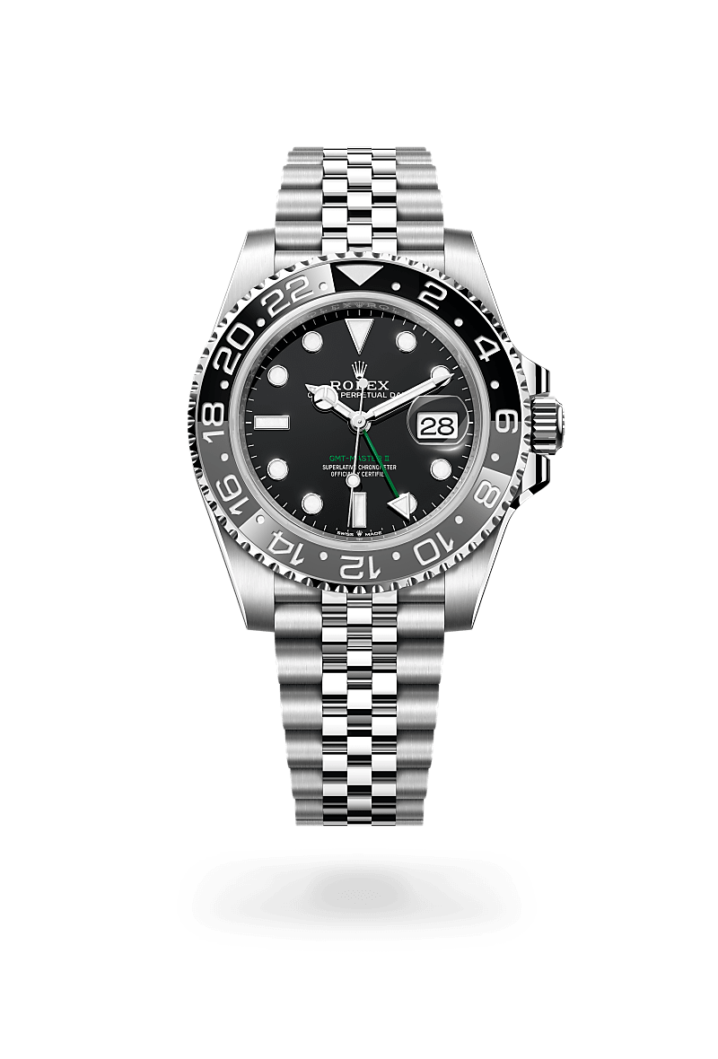 Rolex GMT-Master II in Oyster, 40 mm, Oystersteel with a Black dial, Bidirectional rotatable 24-hour graduated bezel. Two-colour grey and black Cerachrom insert in ceramic, moulded numerals and graduations bezel, and Jubilee, five-piece links bracelet