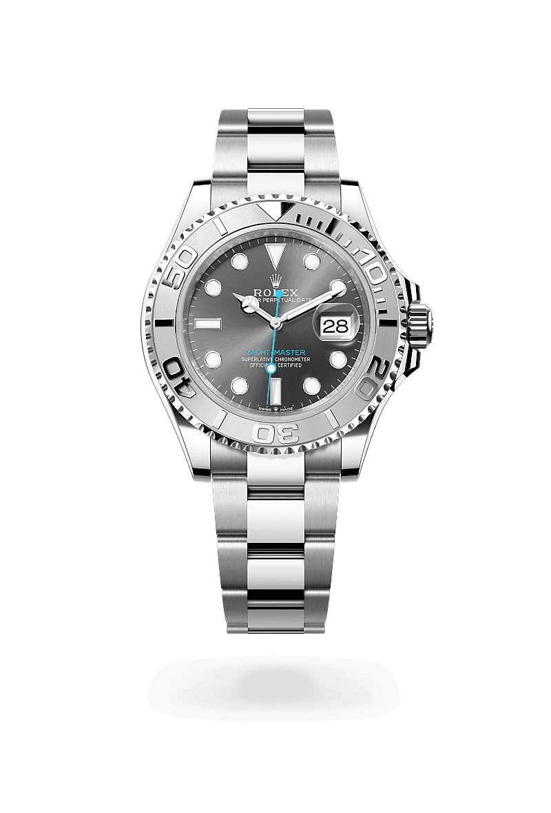 Rolex Yacht-Master 40 in Oyster, 40 mm, Oystersteel en platina with a Leigrijs dial, bidirectioneel draaibare platina bezel met 60-minutenverdeling en reliëf-cijfers bezel, and Oyster, massieve driedelige schakels bracelet