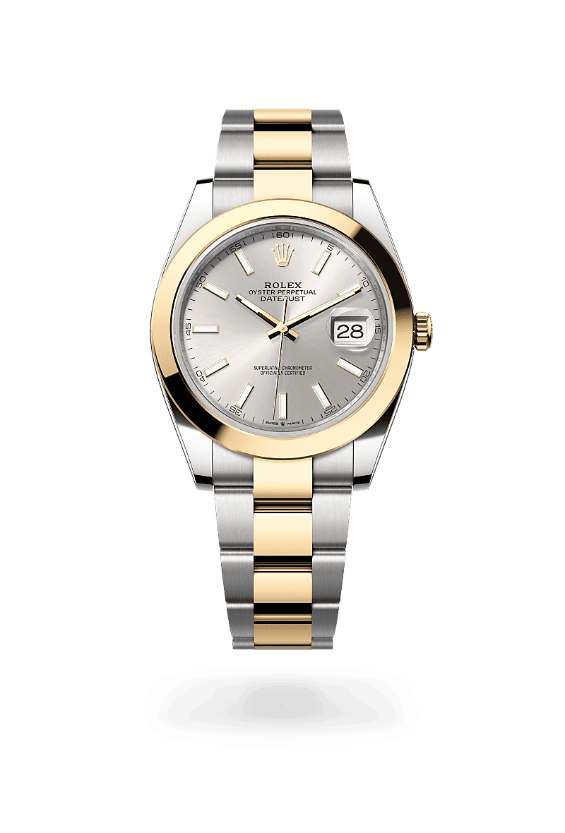 Rolex Datejust 41 in Oyster, 41 mm, Oystersteel en geelgoud with a Zilverkleurig dial, Glad bezel, and Oyster, massieve driedelige schakels bracelet