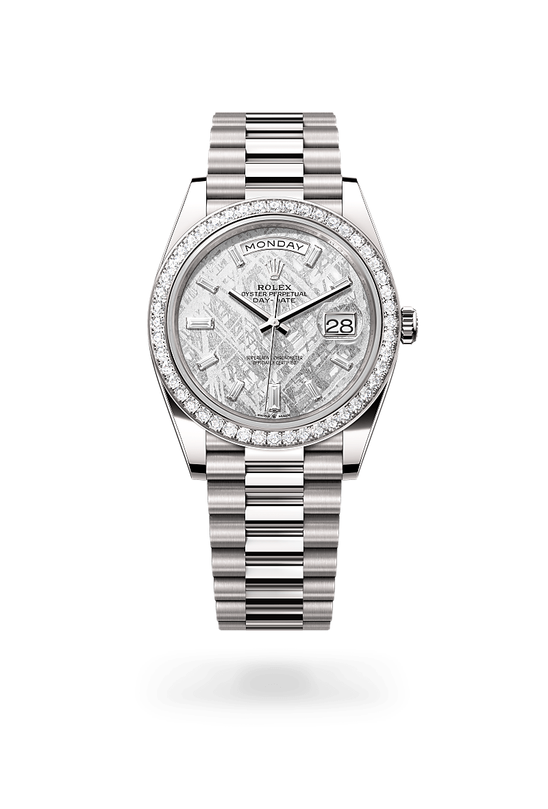 Rolex Day-Date 40 in Oyster, 40 mm, white gold and diamonds with a Meteorite set with diamonds dial, Set with diamonds bezel, and President, semi-circular three-piece links bracelet