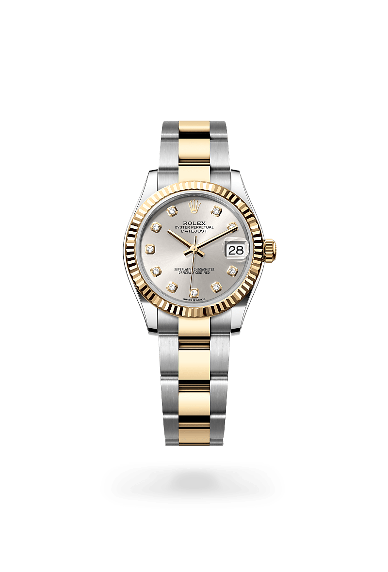 Rolex Datejust 31 in Oyster, 31 mm, Oystersteel and yellow gold with a Silver set with diamonds dial, Fluted bezel, and Oyster, three-piece solid links bracelet