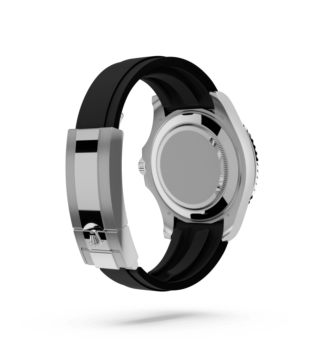 Rolex Yacht-Master 42 in Oyster, 42 mm, witgoud with a Zwart dial, Bidirectioneel draaibare bezel met 60-minutenverdeling met matzwarte keramische Cerachrom-ring, gepolijste reliëf-cijfers en schaalverdelingen bezel, and Oysterflex-band bracelet
