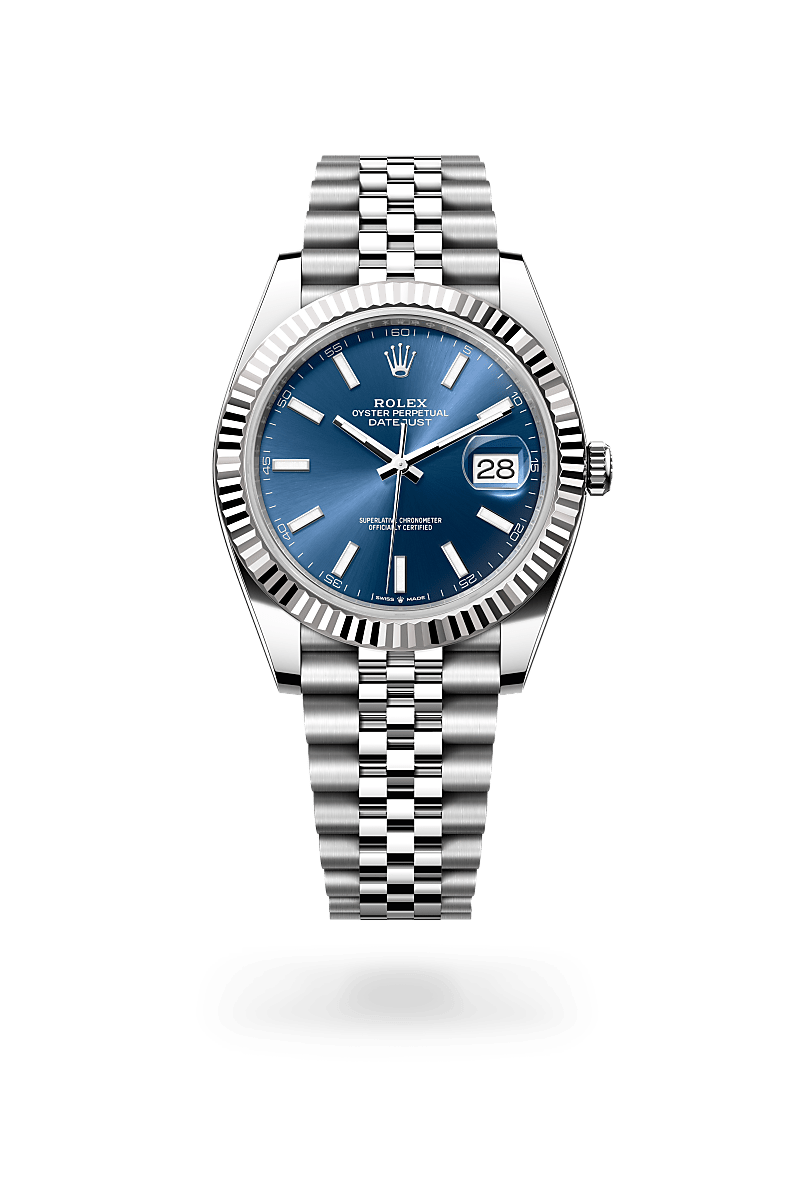 Rolex Datejust 41 in Oyster, 41 mm, Oystersteel en witgoud with a Helderblauw dial, Gekarteld bezel, and Jubilee, vijfdelige schakels bracelet