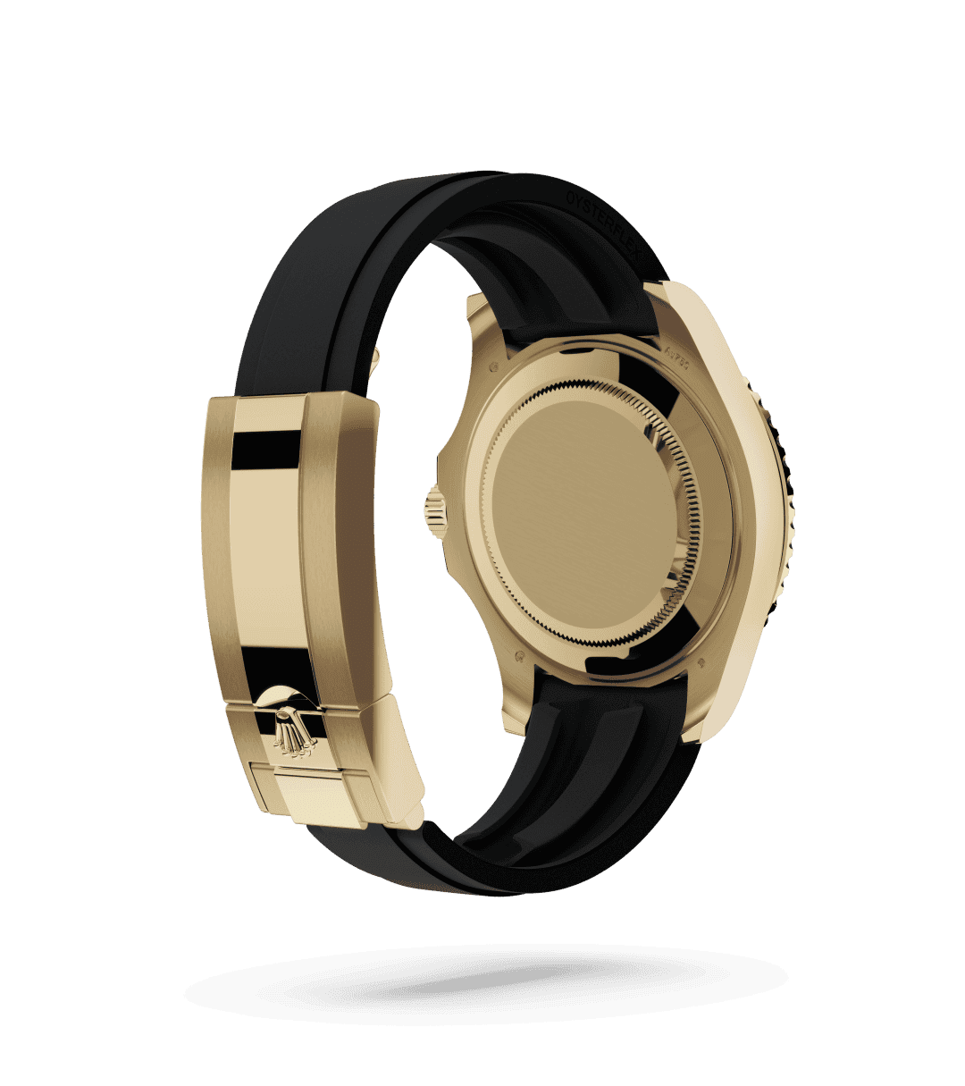 Rolex Yacht-Master 42 in Oyster, 42 mm, yellow gold with a Black dial, Bidirectional rotatable 60-minute graduated bezel with matt black Cerachrom insert in ceramic, polished raised numerals and graduations bezel, and Oysterflex bracelet