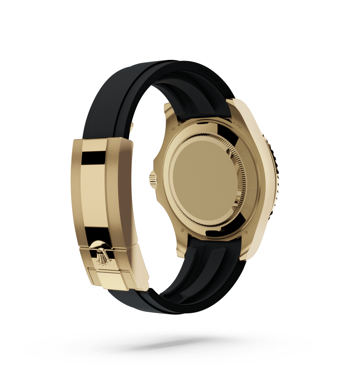 Rolex Yacht-Master 42 in Oyster, 42 mm, yellow gold with a Black dial, Bidirectional rotatable 60-minute graduated bezel with matt black Cerachrom insert in ceramic, polished raised numerals and graduations bezel, and Oysterflex bracelet