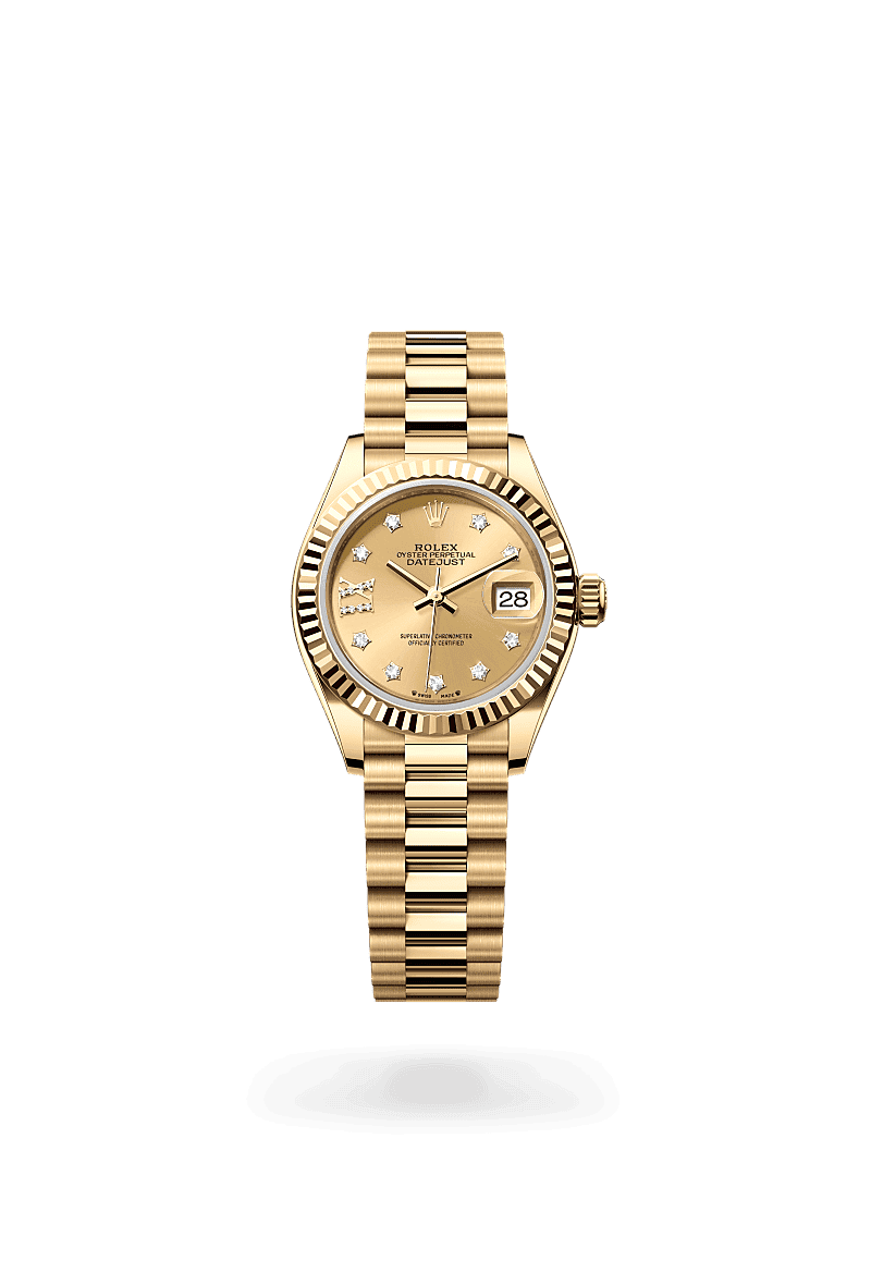 Rolex Lady-Datejust in Oyster, 28 mm, geelgoud with a Champagnekleurig bezet met diamanten dial, Gekarteld bezel, and President, halfronde driedelige schakels bracelet