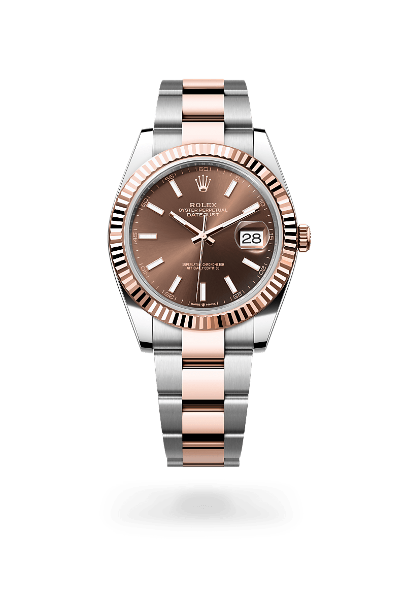 Rolex Datejust 41 in Oyster, 41 mm, Oystersteel and Everose gold with a Chocolate dial, Fluted bezel, and Oyster, three-piece solid links bracelet