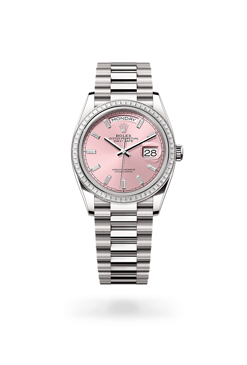 Rolex Day-Date 36 in Oyster, 36 mm, white gold and diamonds with a Pink set with diamonds dial, Set with diamonds bezel, and President, semi-circular three-piece links bracelet