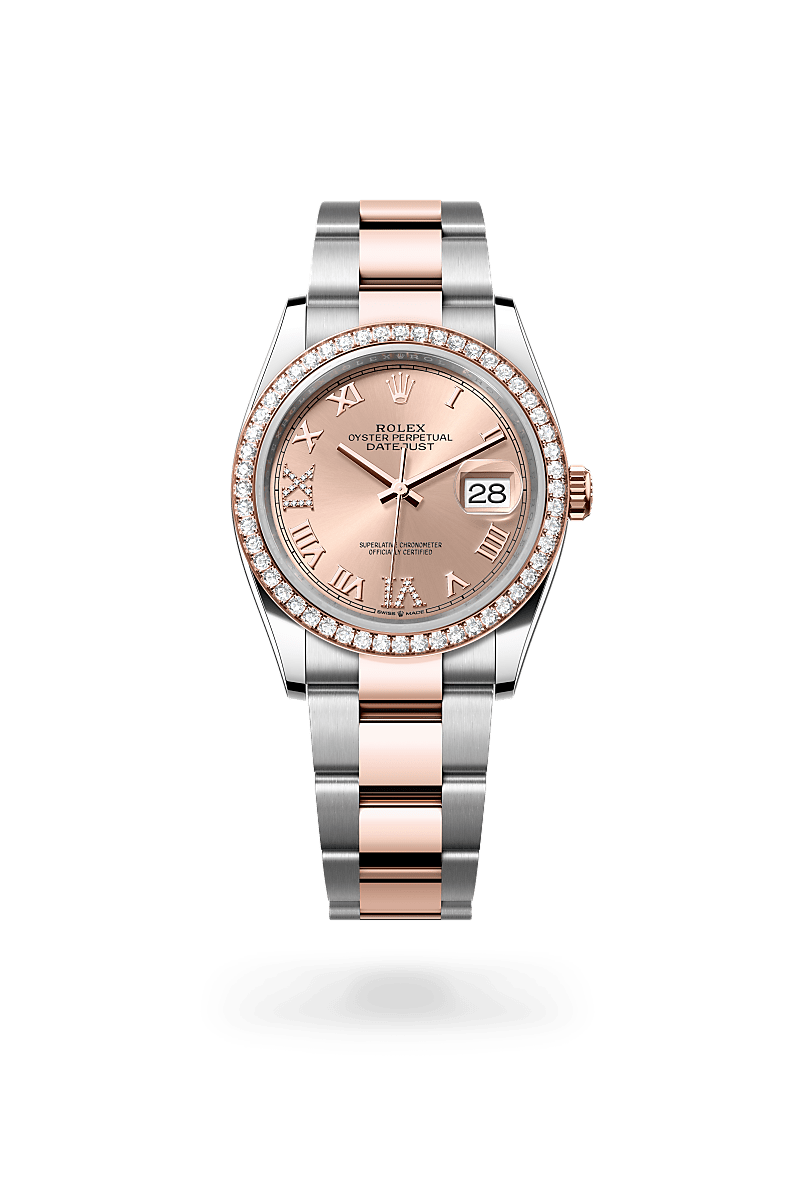 Rolex Datejust 36 in Oyster, 36 mm, Oystersteel, Everose gold and diamonds with a Rosé-colour set with diamonds dial, Set with diamonds bezel, and Oyster, three-piece solid links bracelet