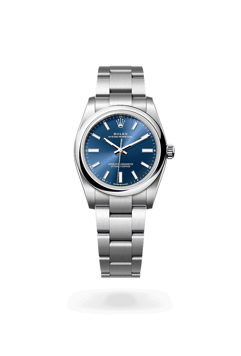 Rolex Oyster Perpetual 34 in Oyster, 34 mm, Oystersteel with a Bright blue dial, Domed bezel, and Oyster, three-piece solid links bracelet