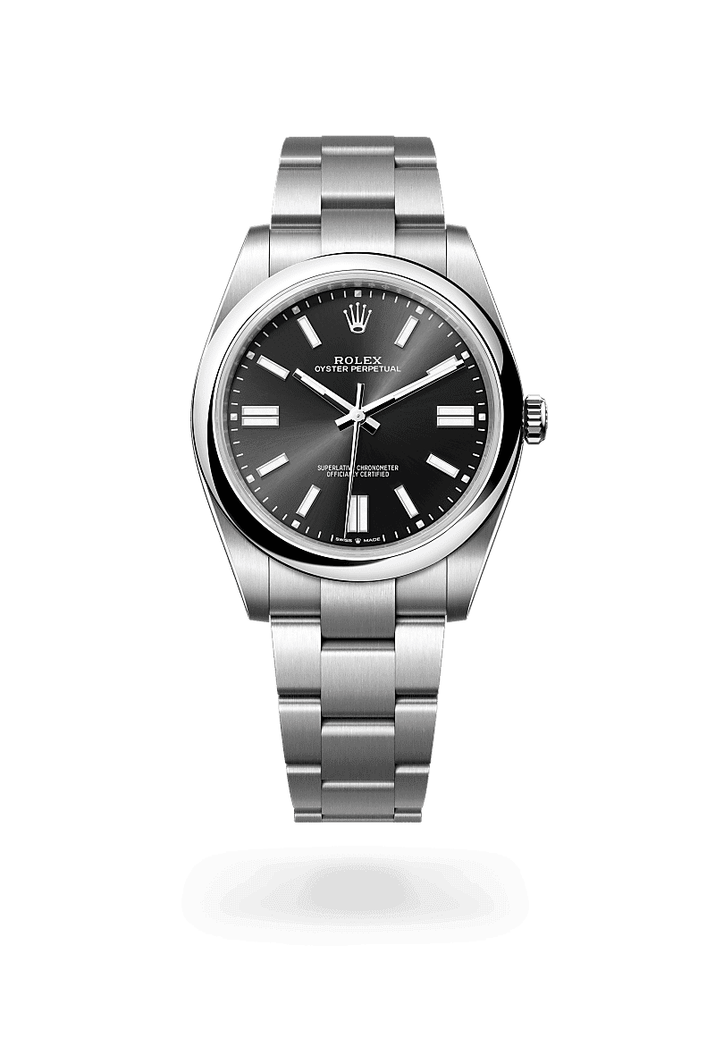 Rolex Oyster Perpetual 41 in Oyster, 41 mm, Oystersteel with a Helderzwart dial, Gewelfd bezel, and Oyster, massieve driedelige schakels bracelet