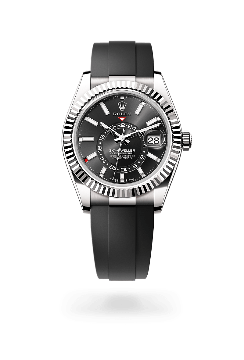Rolex Sky-Dweller in Oyster, 42 mm, white gold with a Bright black dial, Fluted, bidirectional rotatable Rolex Ring Command bezel, and Oysterflex bracelet
