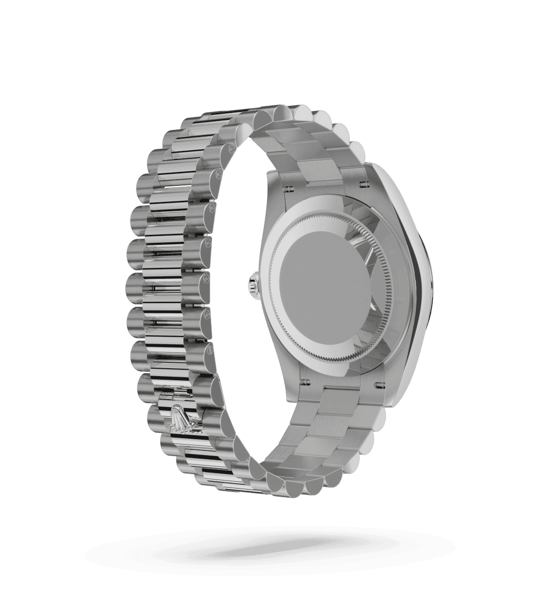 Rolex Day-Date 40 in Oyster, 40 mm, white gold with a White mother-of-pearl set with diamonds dial, Fluted bezel, and President, semi-circular three-piece links bracelet