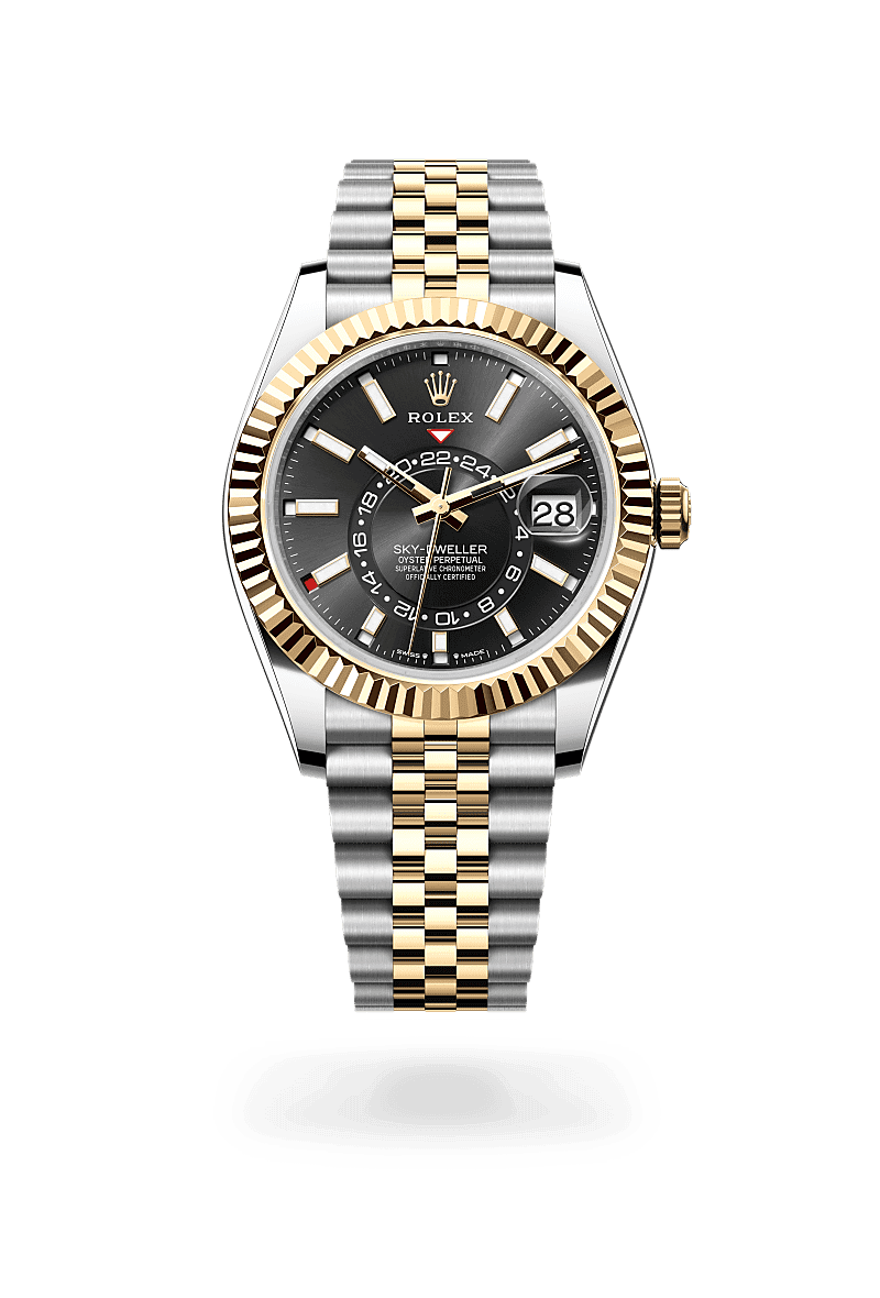 Rolex Sky-Dweller in Oyster, 42 mm, Oystersteel en geelgoud with a Helderzwart dial, Gekartelde, bidirectioneel draaibare ‘Rolex Ring Command’ bezel, and Jubilee, vijfdelige schakels bracelet