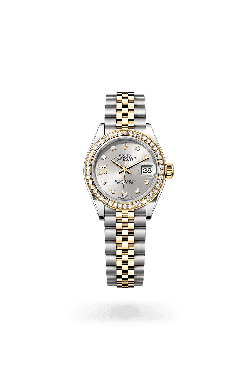 Rolex Lady-Datejust in Oyster, 28 mm, Oystersteel, geelgoud en diamanten with a Zilverkleurig bezet met diamanten dial, Bezet met diamanten bezel, and Jubilee, vijfdelige schakels bracelet