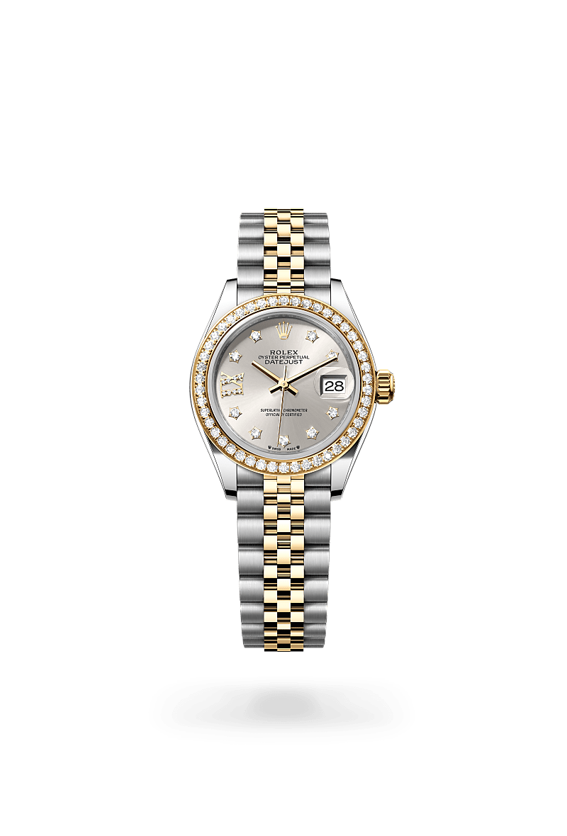 Rolex Lady-Datejust in Oyster, 28 mm, Oystersteel, geelgoud en diamanten with a Zilverkleurig bezet met diamanten dial, Bezet met diamanten bezel, and Jubilee, vijfdelige schakels bracelet