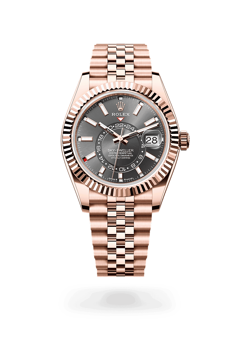 Rolex Sky-Dweller in Oyster, 42 mm, Everose-goud with a Leigrijs dial, Gekartelde, bidirectioneel draaibare ‘Rolex Ring Command’ bezel, and Jubilee, vijfdelige schakels bracelet
