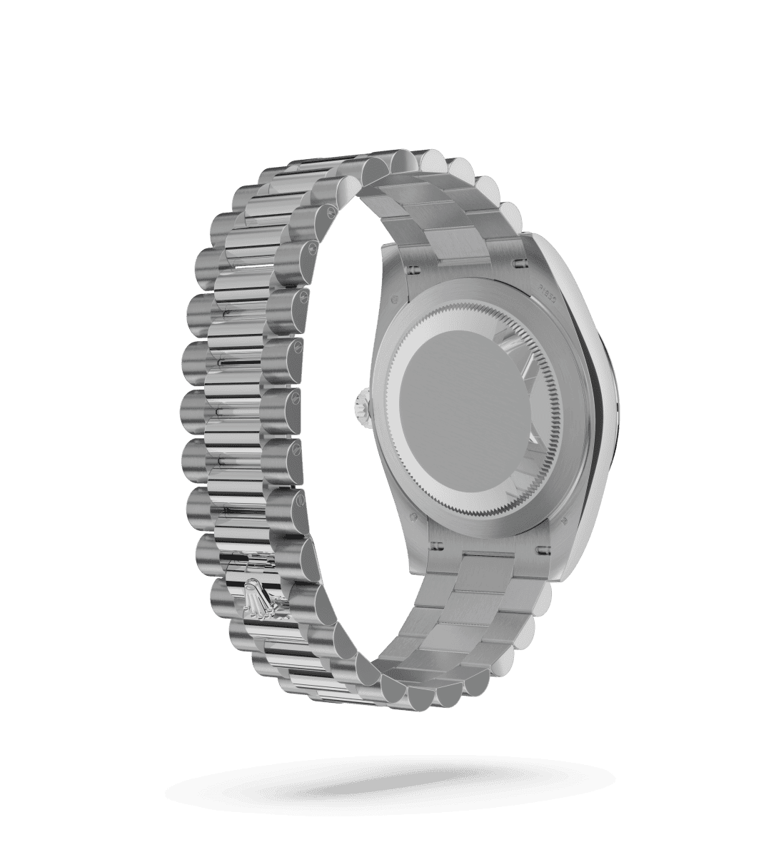 Rolex Day-Date 40 in Oyster, 40 mm, platina with a IJsblauw dial, Gekarteld bezel, and President, halfronde driedelige schakels bracelet