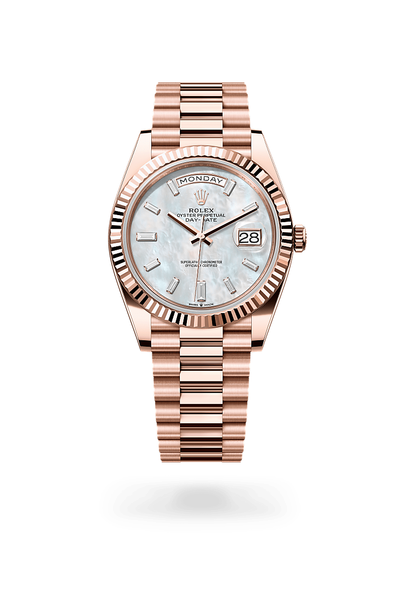 Rolex Day-Date 40 in Oyster, 40 mm, Everose gold with a White mother-of-pearl set with diamonds dial, Fluted bezel, and President, semi-circular three-piece links bracelet