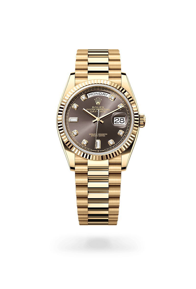 Rolex Day-Date 36 in Oyster, 36 mm, yellow gold with a Dark grey set with diamonds dial, Fluted bezel, and President, semi-circular three-piece links bracelet