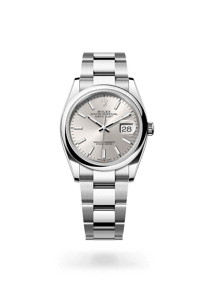 Rolex Datejust 36 in Oyster, 36 mm, Oystersteel with a Silver dial, Domed bezel, and Oyster, three-piece solid links bracelet