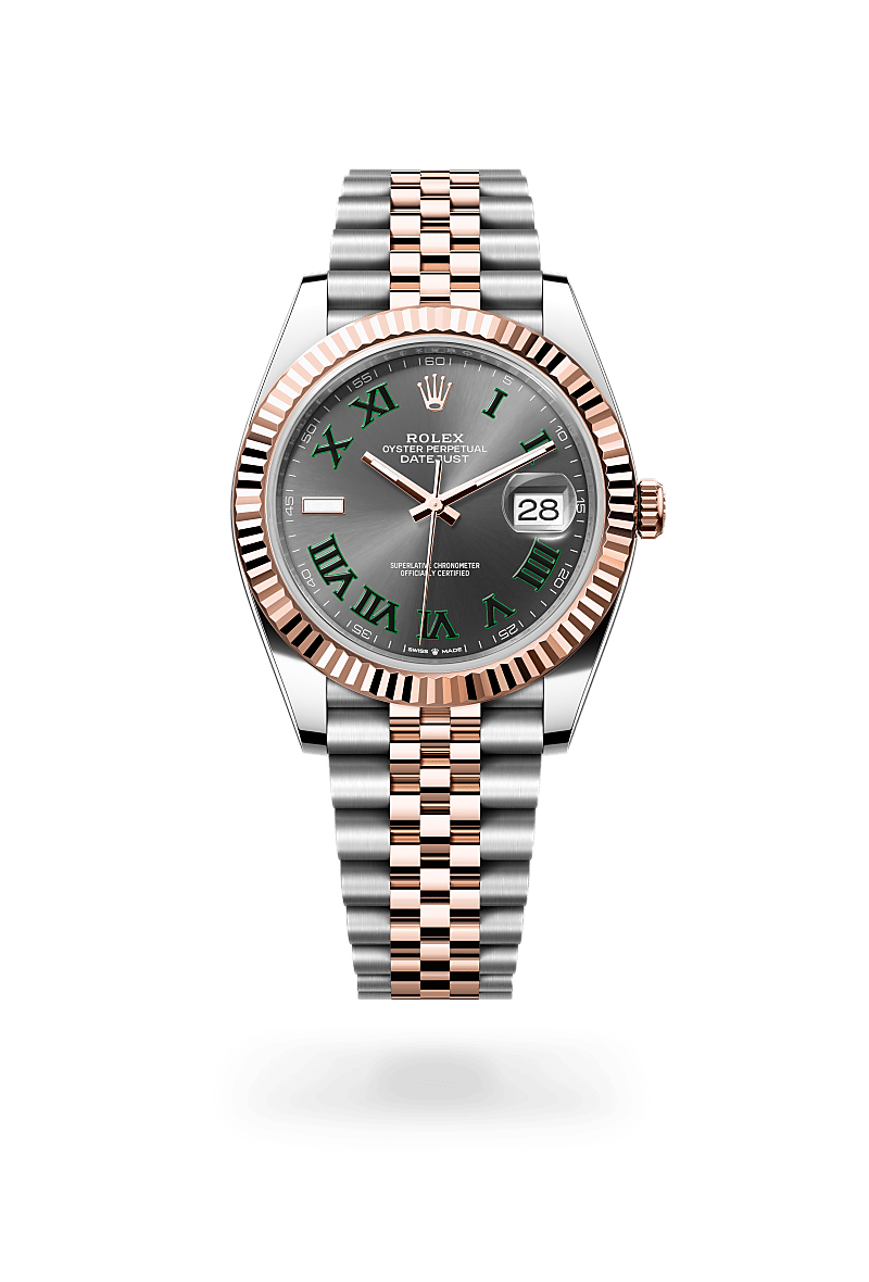 Rolex Datejust 41 in Oyster, 41 mm, Oystersteel en Everose-goud with a Leigrijs dial, Gekarteld bezel, and Jubilee, vijfdelige schakels bracelet