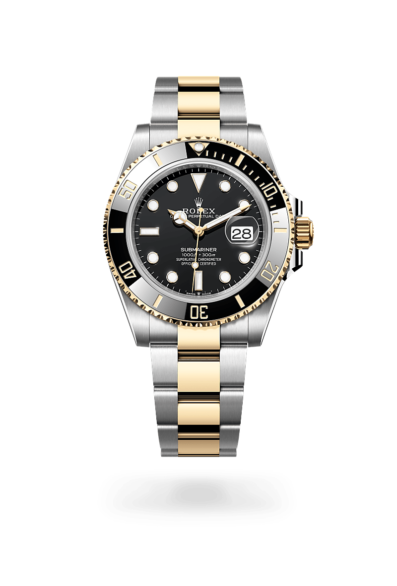 Rolex Submariner Date in Oyster, 41 mm, Oystersteel and yellow gold with a Black dial, Unidirectional rotatable 60-minute graduated, scratch-resistant Cerachrom insert in black ceramic, numerals and graduations coated in gold bezel, and Oyster, three-piece solid links bracelet