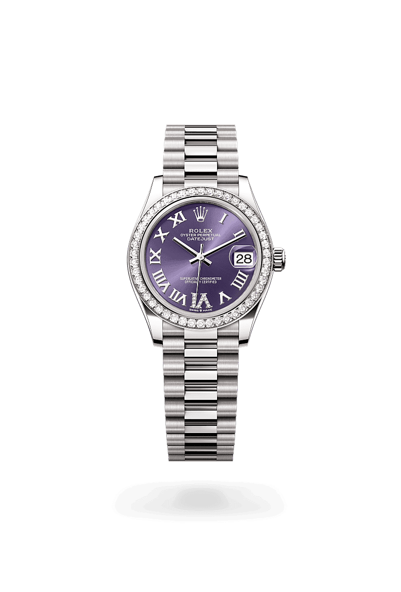 Rolex Datejust 31 in Oyster, 31 mm, witgoud en diamanten with a Auberginekleurig bezet met diamanten dial, Bezet met diamanten bezel, and President, halfronde driedelige schakels bracelet