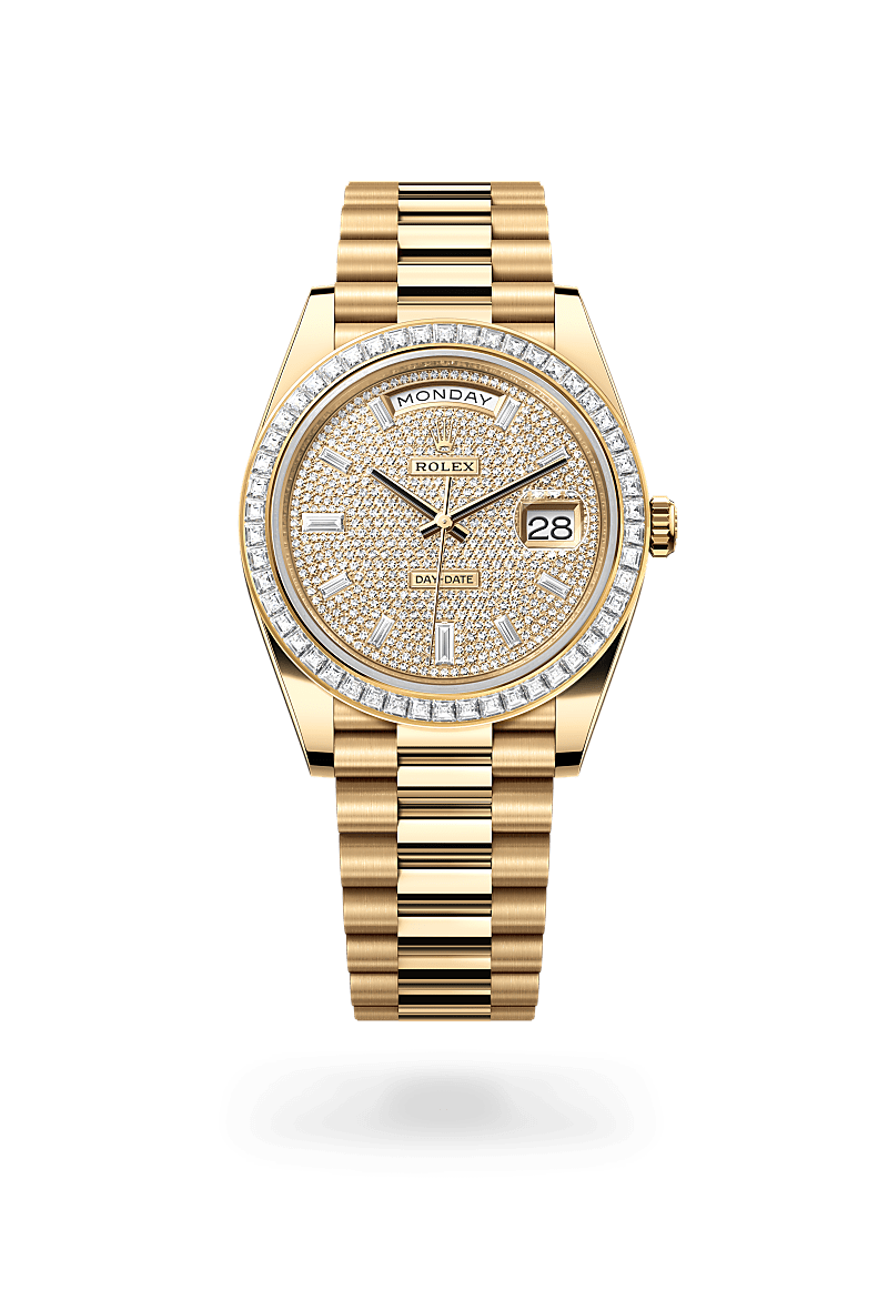 Rolex Day-Date 40 in Oyster, 40 mm, yellow gold and diamonds with a Diamond-paved dial, Set with diamonds bezel, and President, semi-circular three-piece links bracelet