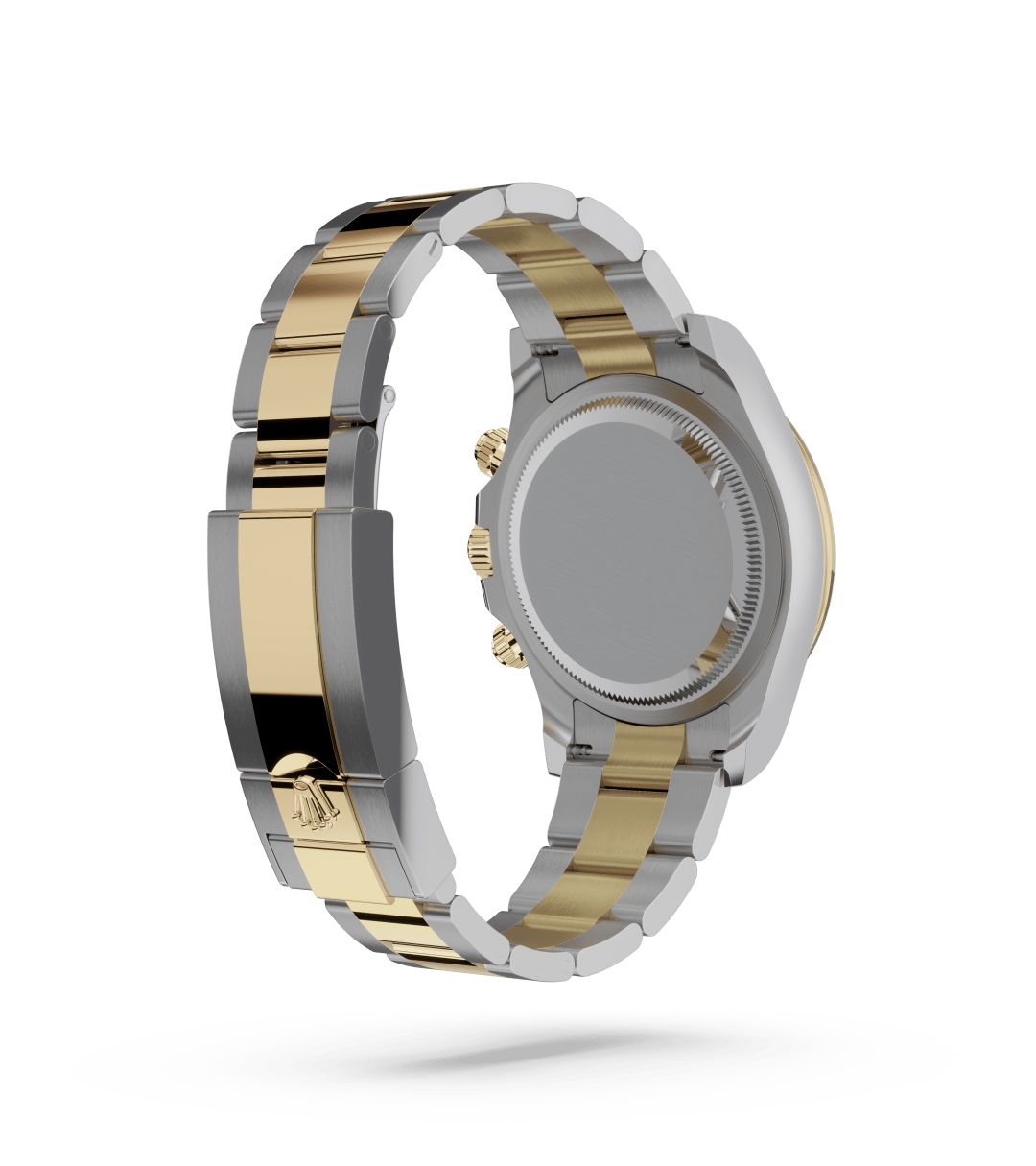 Rolex Cosmograph Daytona in Oyster, 40 mm, Oystersteel en geelgoud with a Zwart, gouden tellerringen dial, Vast, met ingegraveerde tachymetrische schaal, geelgoud bezel, and Oyster, massieve driedelige schakels bracelet