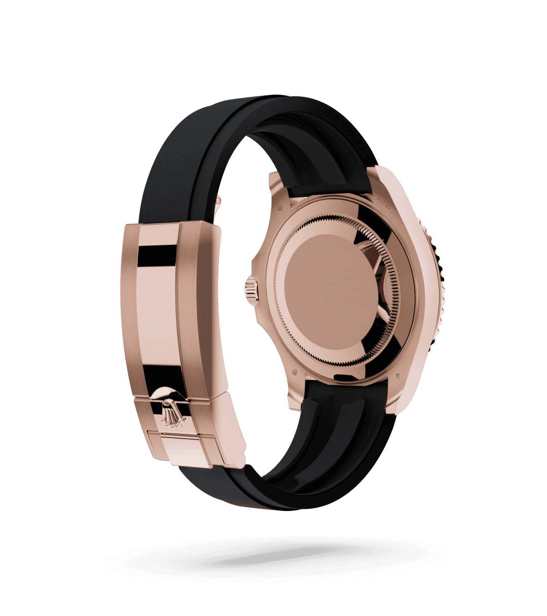 Rolex Yacht-Master 40 in Oyster, 40 mm, Everose-goud with a Diepzwart dial, Bidirectioneel draaibare bezel met 60-minutenverdeling met matzwarte keramische Cerachrom-ring, gepolijste reliëf-cijfers en schaalverdelingen bezel, and Oysterflex-band bracelet