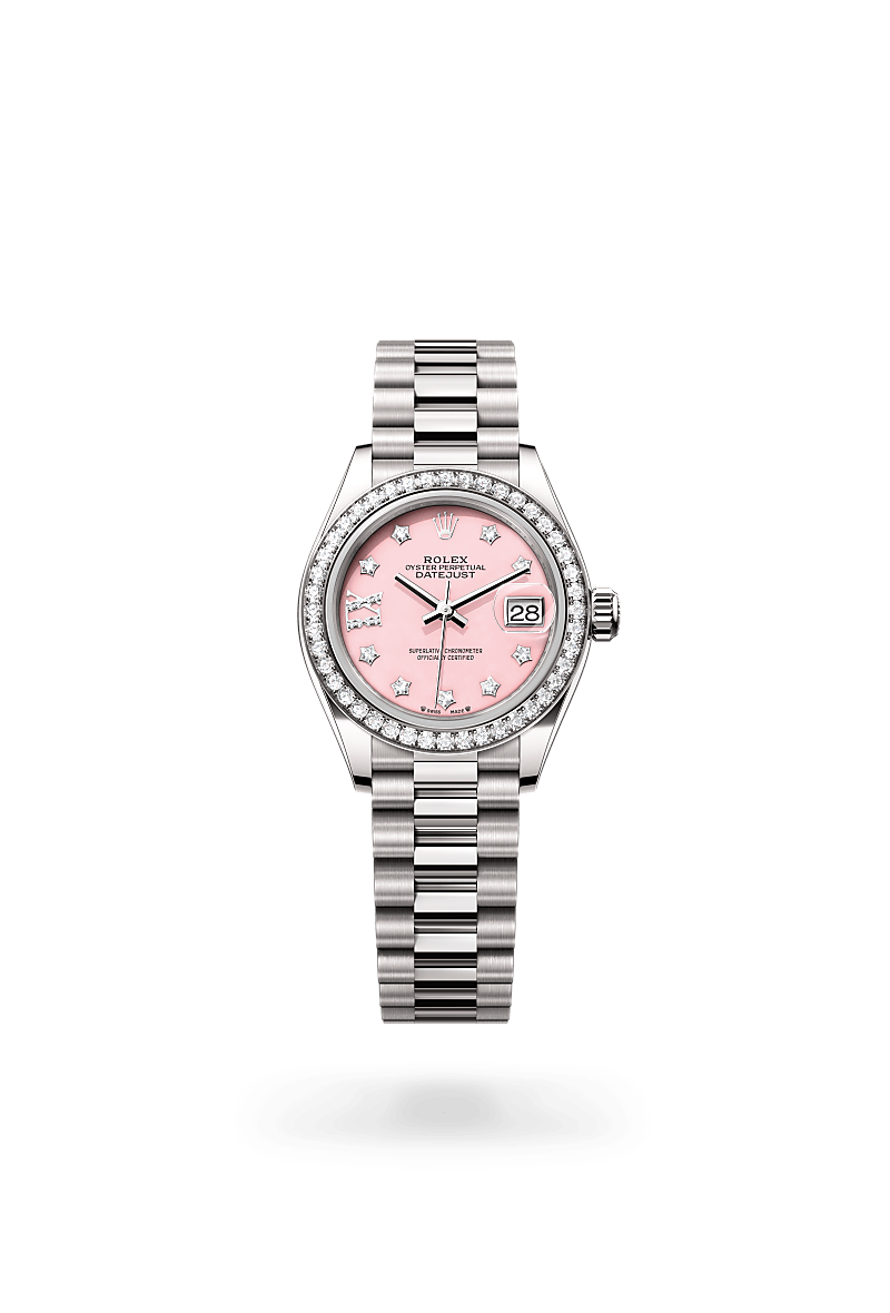 Rolex Lady-Datejust in Oyster, 28 mm, witgoud en diamanten with a Roze opaal bezet met diamanten dial, Bezet met 44 briljantgeslepen diamanten bezel, and President, halfronde driedelige schakels bracelet