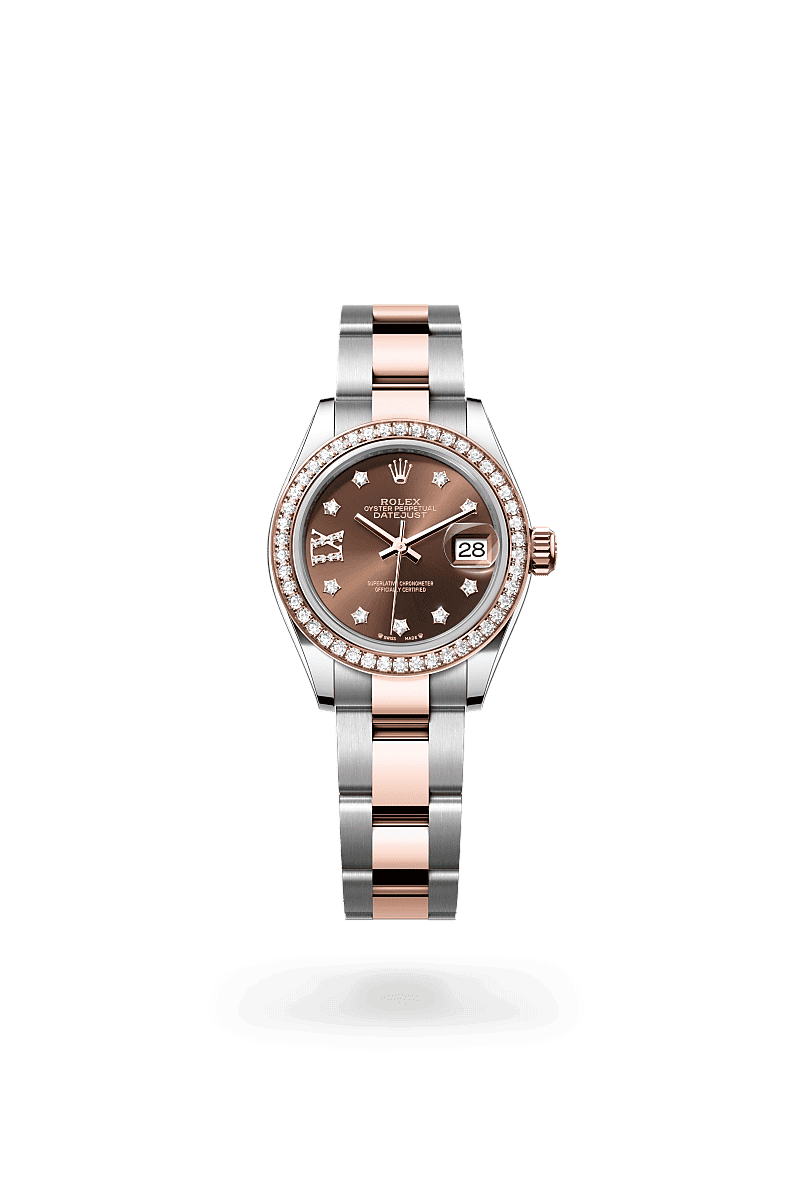 Rolex Lady-Datejust in Oyster, 28 mm, Oystersteel, Everose-goud en diamanten with a Chocoladebruin bezet met diamanten dial, Bezet met diamanten bezel, and Oyster, massieve driedelige schakels bracelet