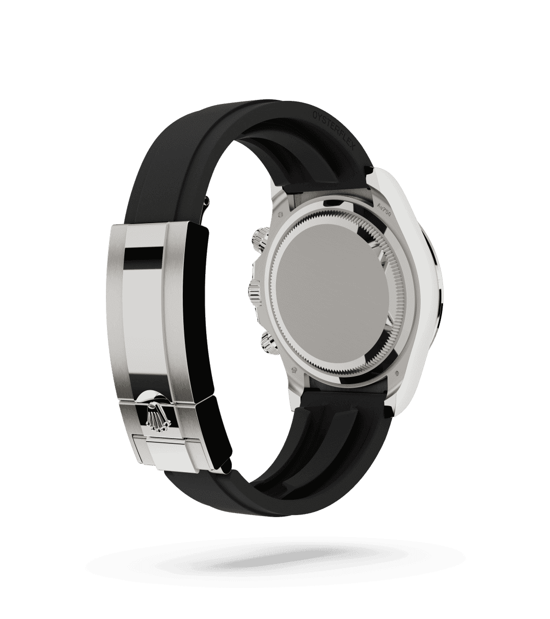 Rolex Cosmograph Daytona in Oyster, 40 mm, white gold and diamonds with a Steel, bright black counter rings set with diamonds dial, Set with diamonds bezel, and Oysterflex bracelet