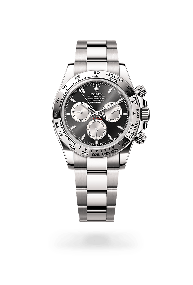 Rolex Cosmograph Daytona in Oyster, 40 mm, witgoud with a Helderzwart en staal dial, Vast, met ingegraveerde tachymetrische schaal, in 18 kt witgoud bezel, and Oyster, massieve driedelige schakels bracelet