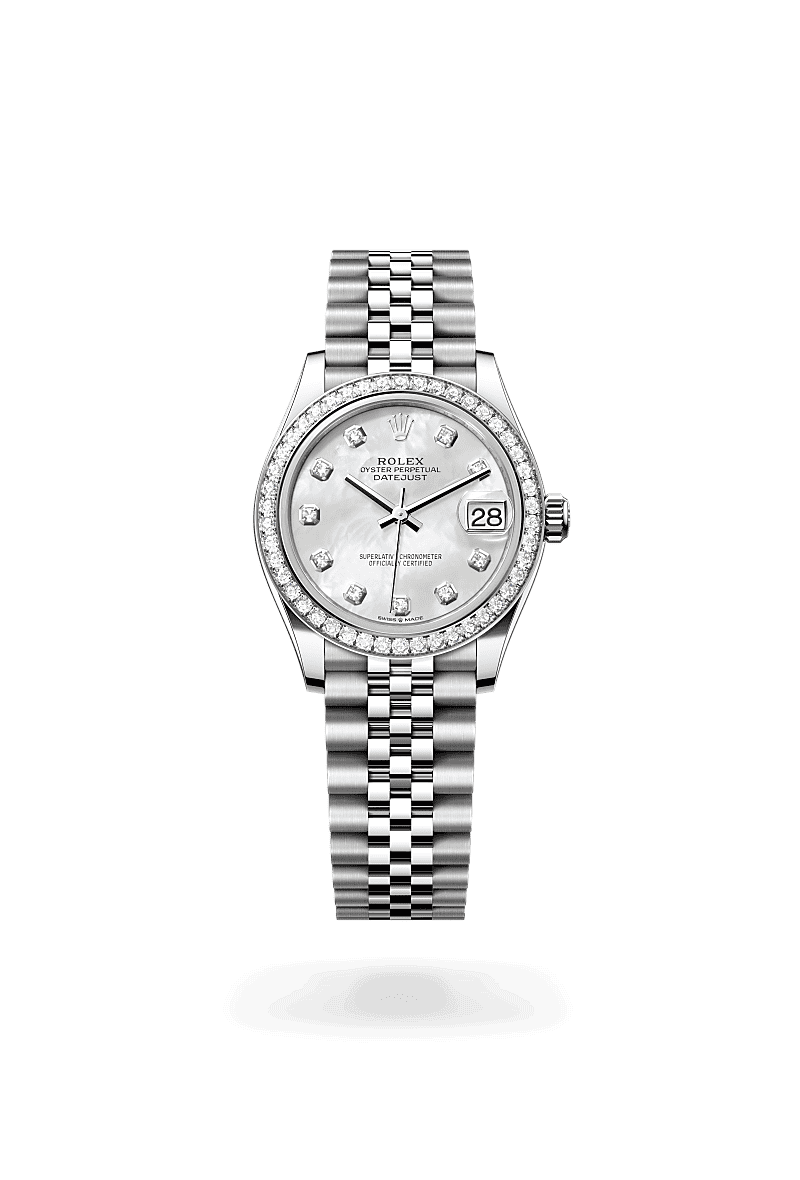 Rolex Datejust 31 in Oyster, 31 mm, Oystersteel, white gold and diamonds with a White mother-of-pearl set with diamonds dial, Set with diamonds bezel, and Jubilee, five-piece links bracelet