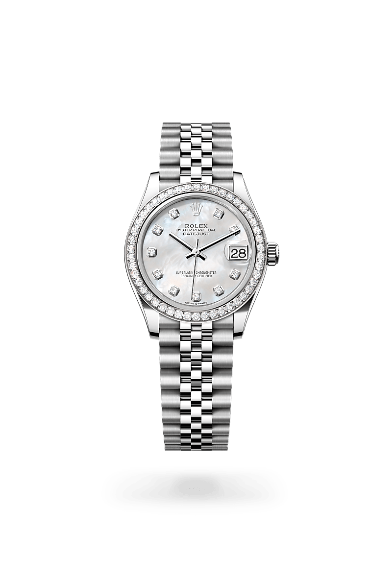 Rolex Datejust 31 in Oyster, 31 mm, Oystersteel, white gold and diamonds with a White mother-of-pearl set with diamonds dial, Set with diamonds bezel, and Jubilee, five-piece links bracelet