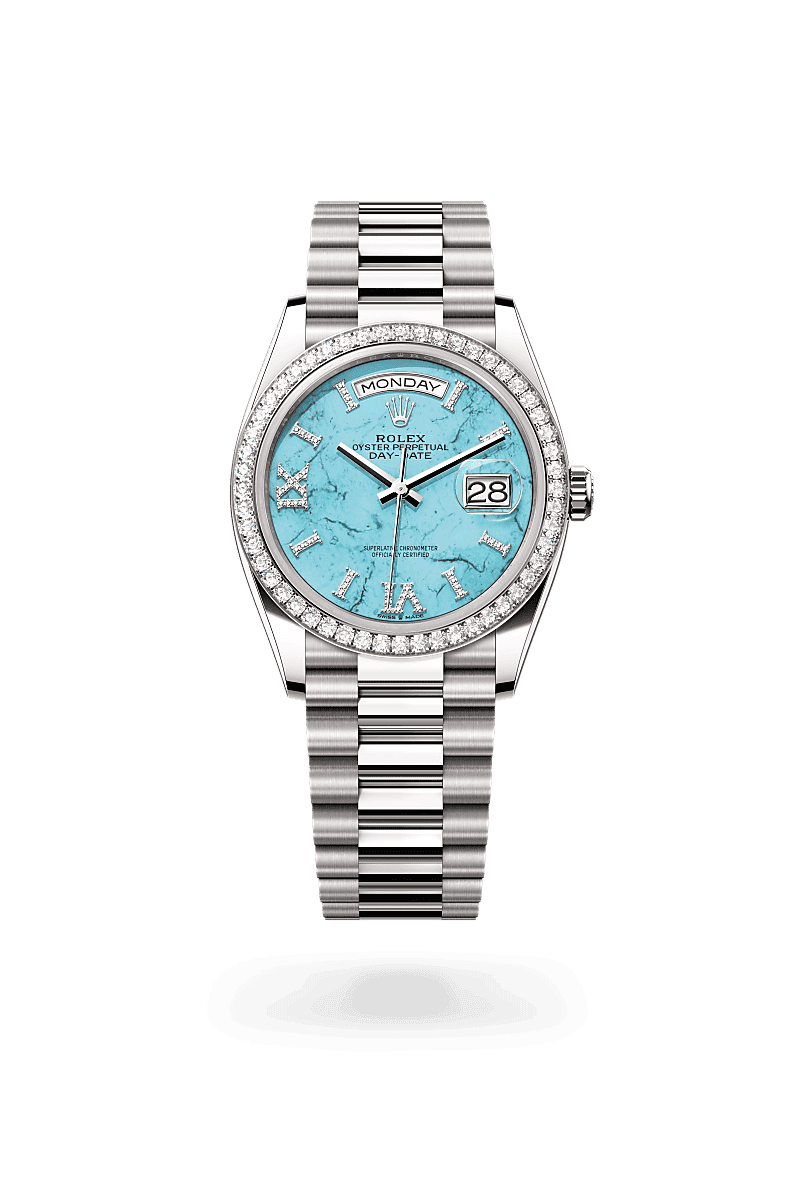 Rolex Day-Date 36 in Oyster, 36 mm, white gold and diamonds with a Turquoise set with diamonds dial, Set with diamonds bezel, and President, semi-circular three-piece links bracelet
