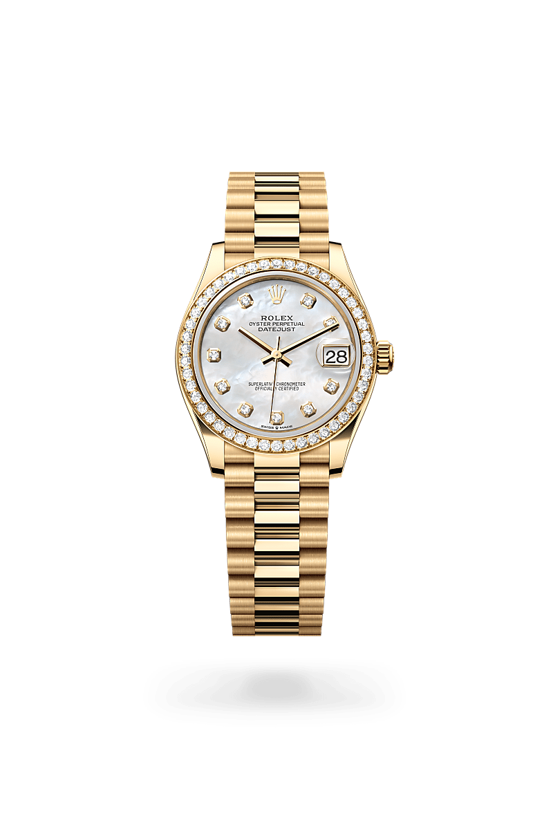 Rolex Datejust 31 in Oyster, 31 mm, yellow gold and diamonds with a White mother-of-pearl set with diamonds dial, Set with diamonds bezel, and President, semi-circular three-piece links bracelet