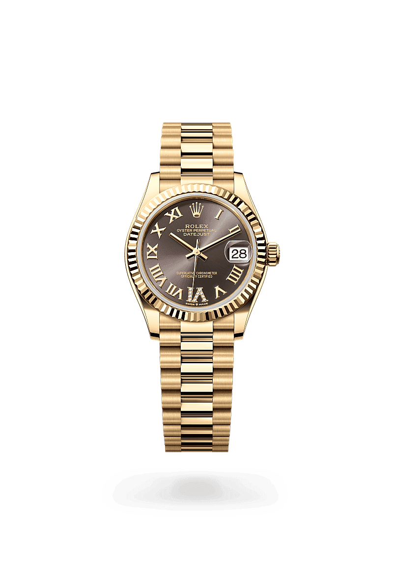 Rolex Datejust 31 in Oyster, 31 mm, yellow gold with a Dark grey set with diamonds dial, Fluted bezel, and President, semi-circular three-piece links bracelet