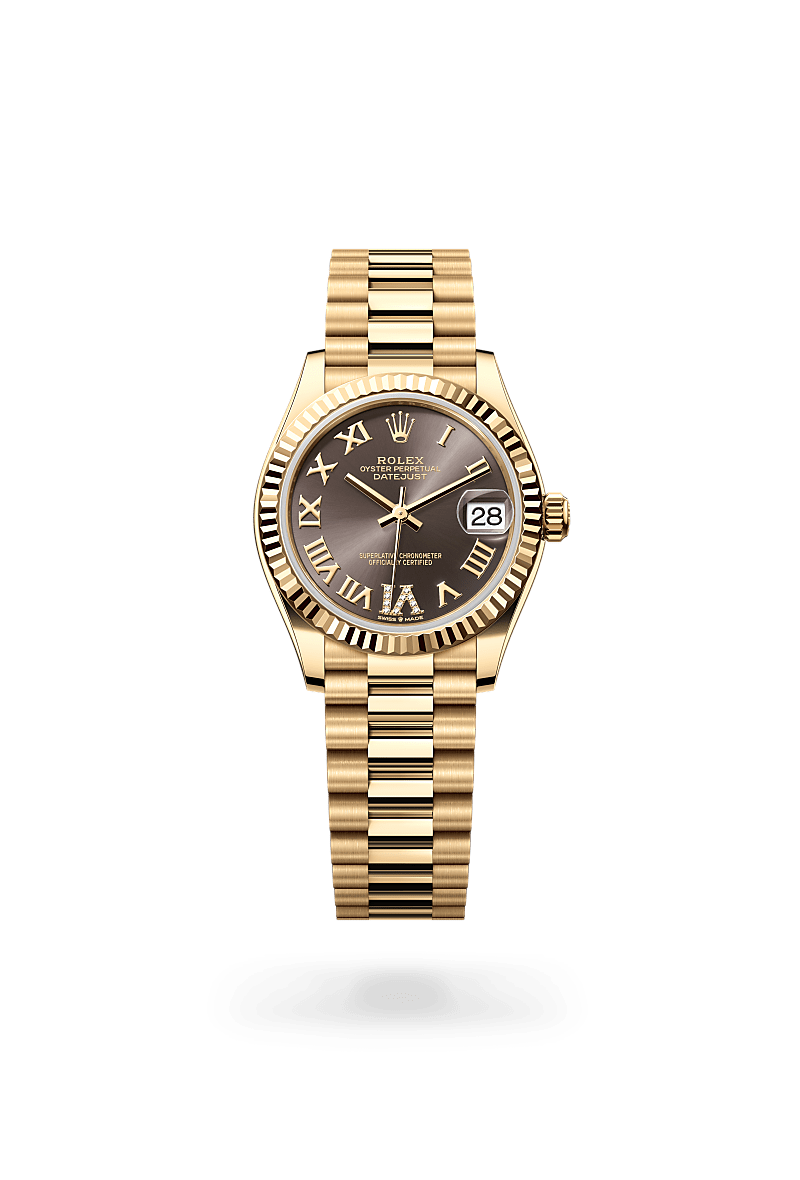 Rolex Datejust 31 in Oyster, 31 mm, yellow gold with a Dark grey set with diamonds dial, Fluted bezel, and President, semi-circular three-piece links bracelet