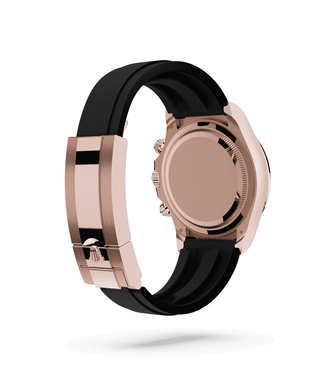 Rolex Cosmograph Daytona in Oyster, 40 mm, Everose-goud with a Sundust en helderzwart dial, Zwarte keramische Cerachrom-bezel uit één stuk met gevormde tachymetrische schaal bezel, and Oysterflex-band bracelet