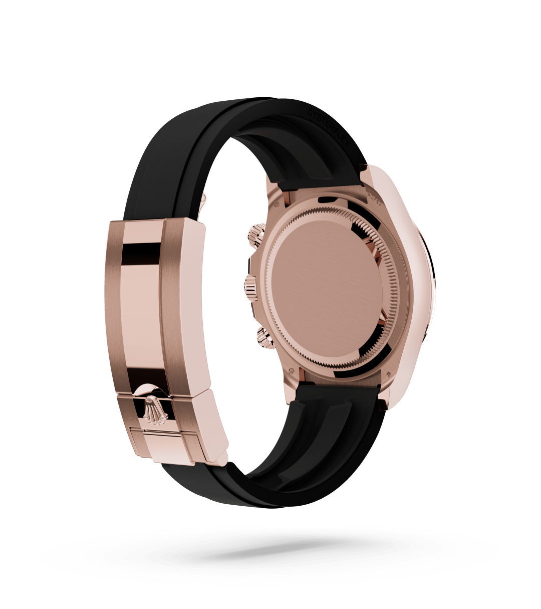 Rolex Cosmograph Daytona in Oyster, 40 mm, Everose gold with a Sundust and bright black dial, Black monobloc Cerachrom bezel in ceramic with moulded tachymetric scale bezel, and Oysterflex bracelet
